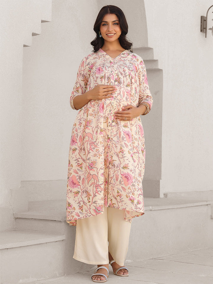 Cream Pure Cotton Floral Printed A-line Maternity Kurta - qivii
