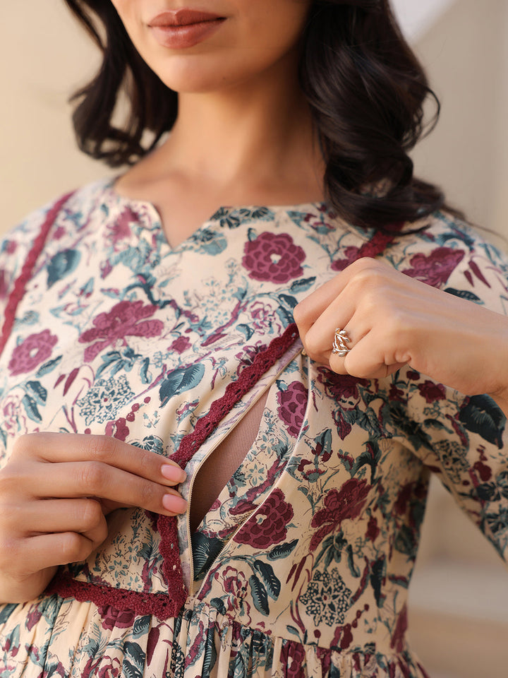 Cream Pure Cotton Floral Printed Gathered Maternity Kurta - qivii