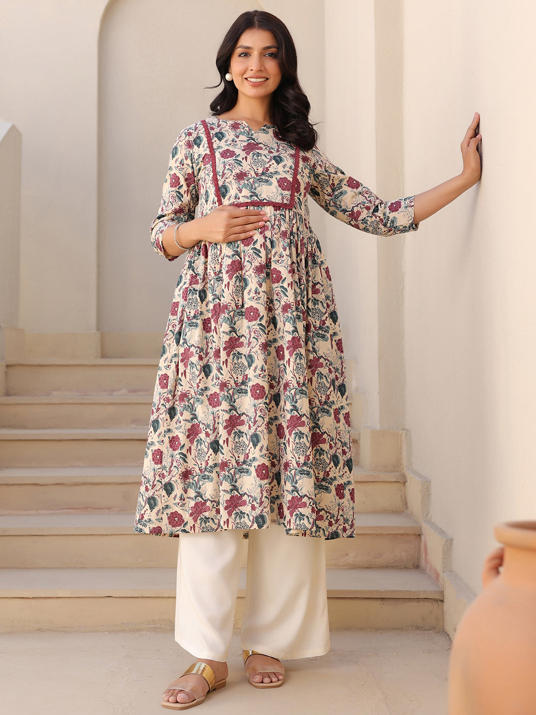 Cream Pure Cotton Floral Printed Gathered Maternity Kurta - qivii