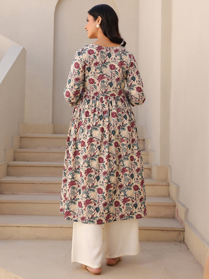 Cream Pure Cotton Floral Printed Gathered Maternity Kurta - qivii