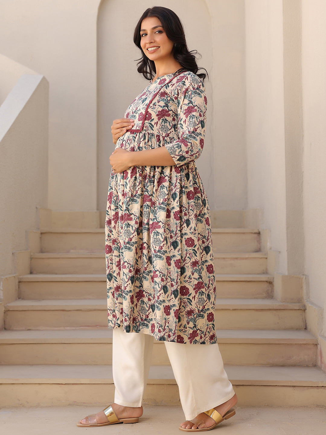 Cream Pure Cotton Floral Printed Gathered Maternity Kurta - qivii