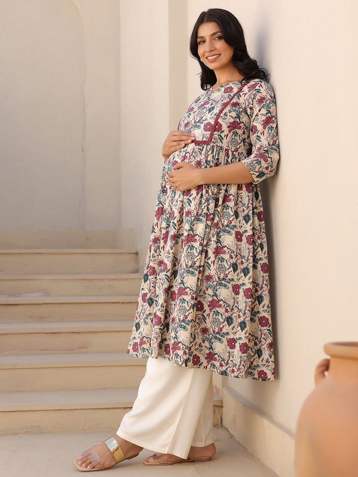 Cream Pure Cotton Floral Printed Gathered Maternity Kurta - qivii