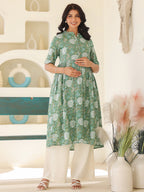 Sage Green Pure Cotton Floral Printed A-line Maternity Kurta
