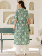 Sage Green Pure Cotton Floral Printed A-line Maternity Kurta