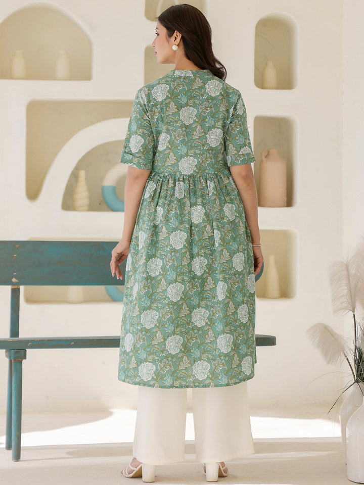 Sage Green Pure Cotton Floral Printed A-line Maternity Kurta - qivii