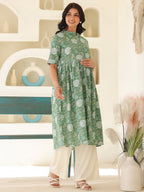 Sage Green Pure Cotton Floral Printed A-line Maternity Kurta