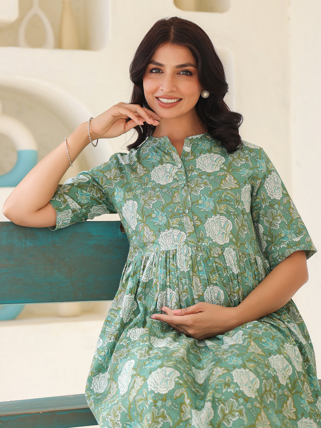 Sage Green Pure Cotton Floral Printed A-line Maternity Kurta - qivii