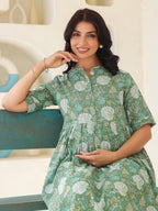 Sage Green Pure Cotton Floral Printed A-line Maternity Kurta