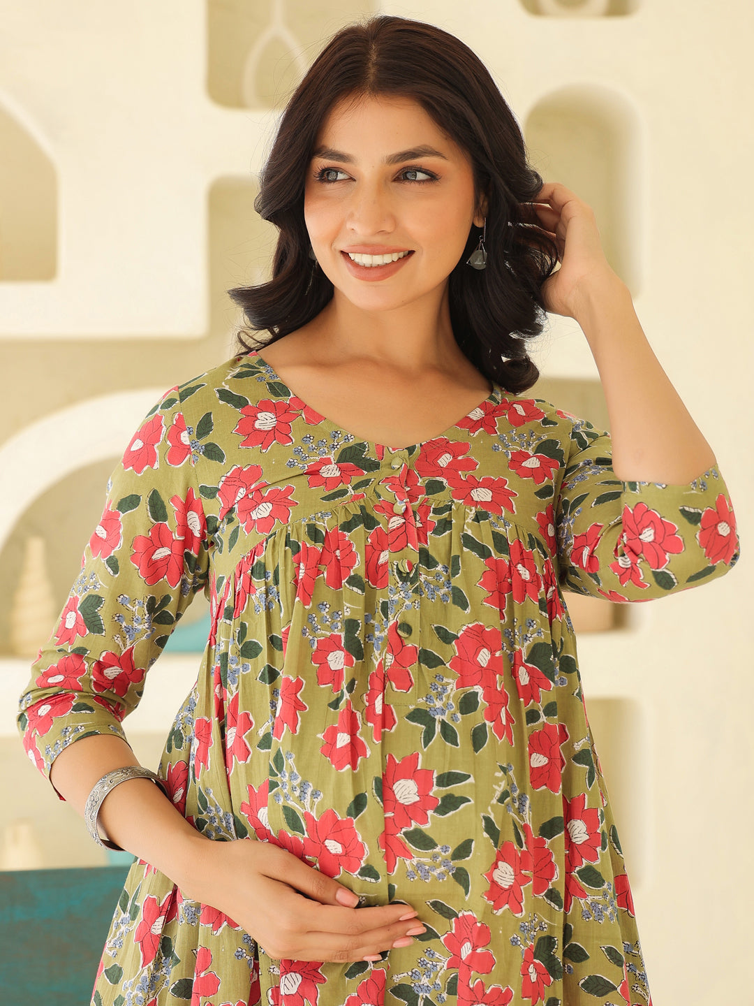 Sage Green Pure Cotton Floral Printed Gathered Maternity Kurta - qivii