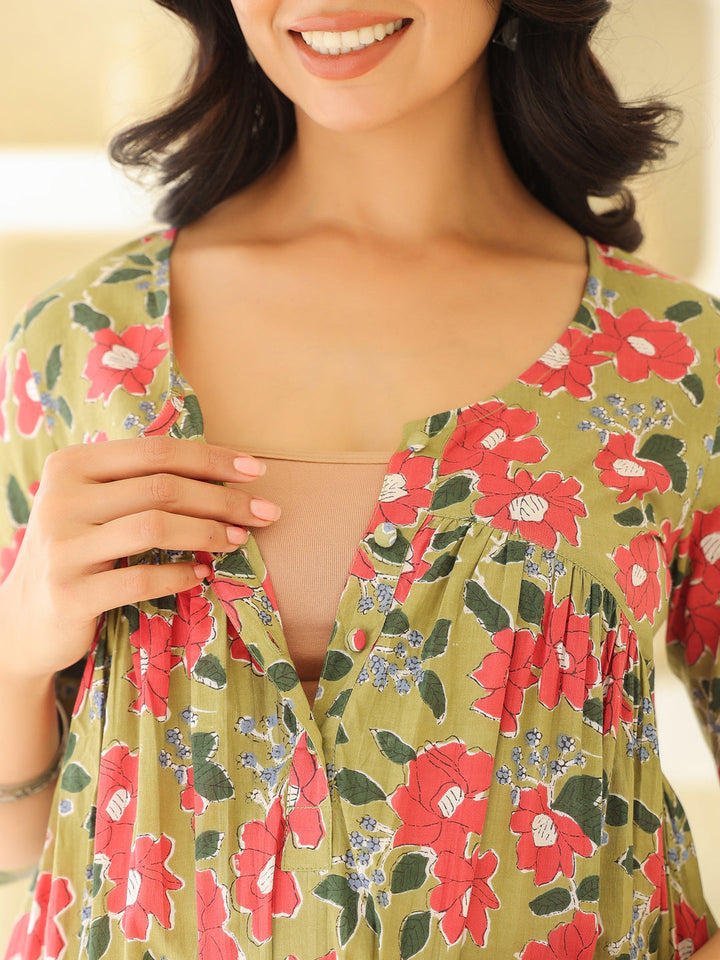 Sage Green Pure Cotton Floral Printed Gathered Maternity Kurta - qivii