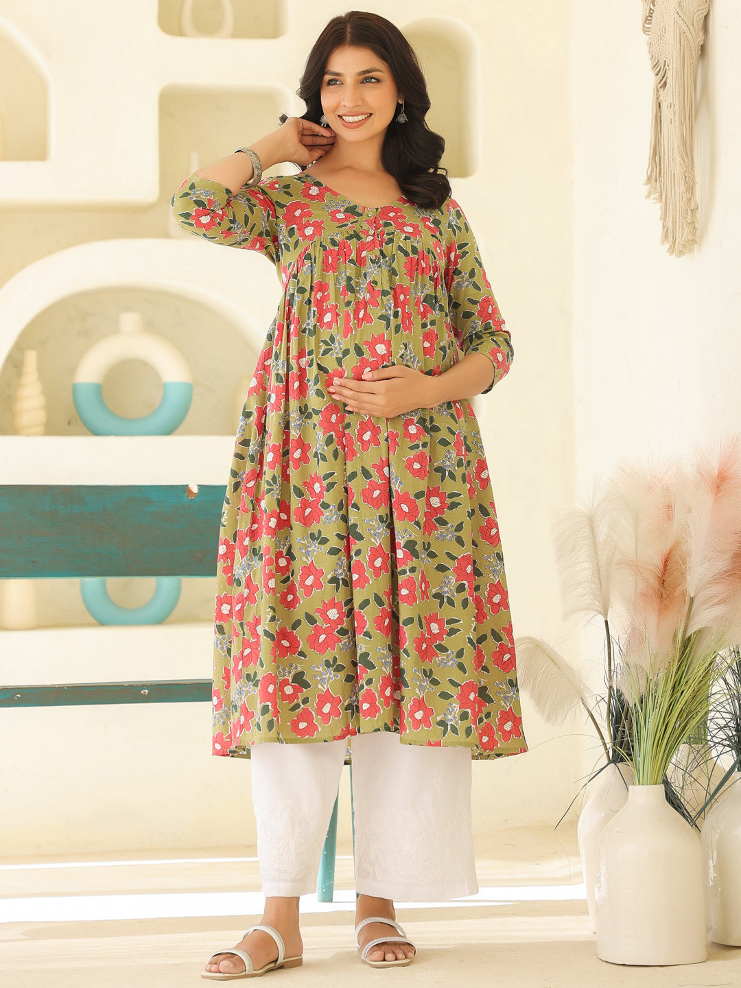Sage Green Pure Cotton Floral Printed Gathered Maternity Kurta - qivii