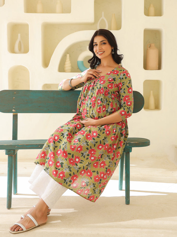 Sage Green Pure Cotton Floral Printed Gathered Maternity Kurta - qivii