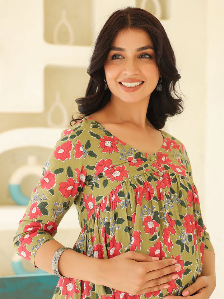 Sage Green Pure Cotton Floral Printed Gathered Maternity Kurta - qivii