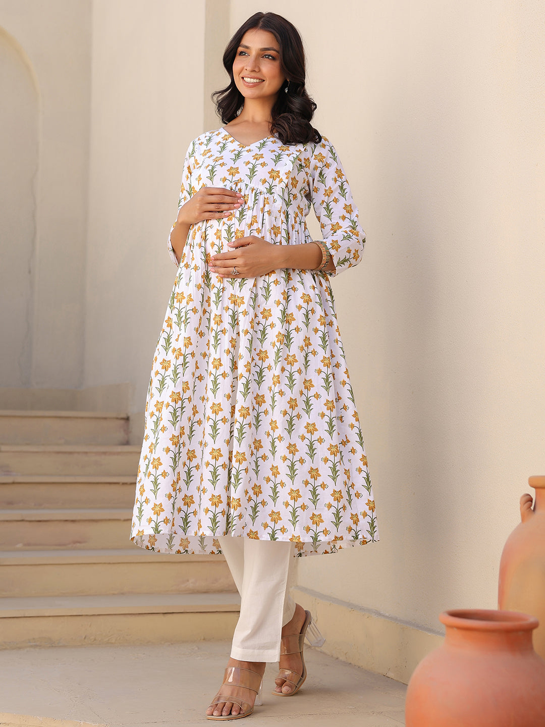 White Pure Cotton Floral Printed A-line Maternity Kurta