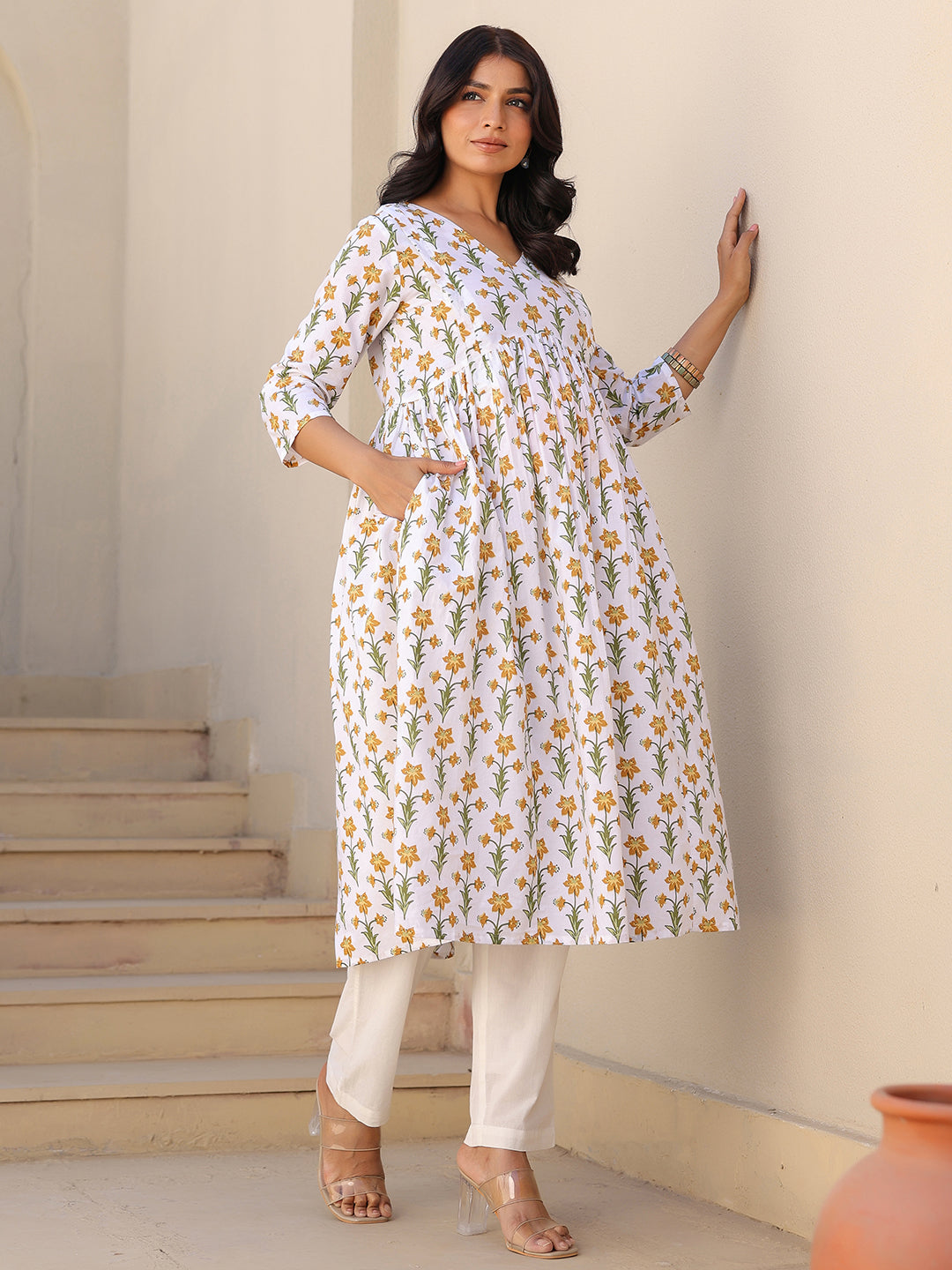 White Pure Cotton Floral Printed A-line Maternity Kurta