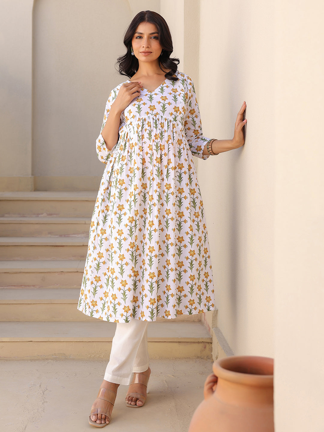 White Pure Cotton Floral Printed A-line Maternity Kurta