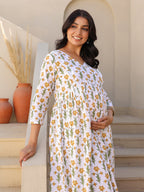 White Pure Cotton Floral Printed A-line Maternity Kurta