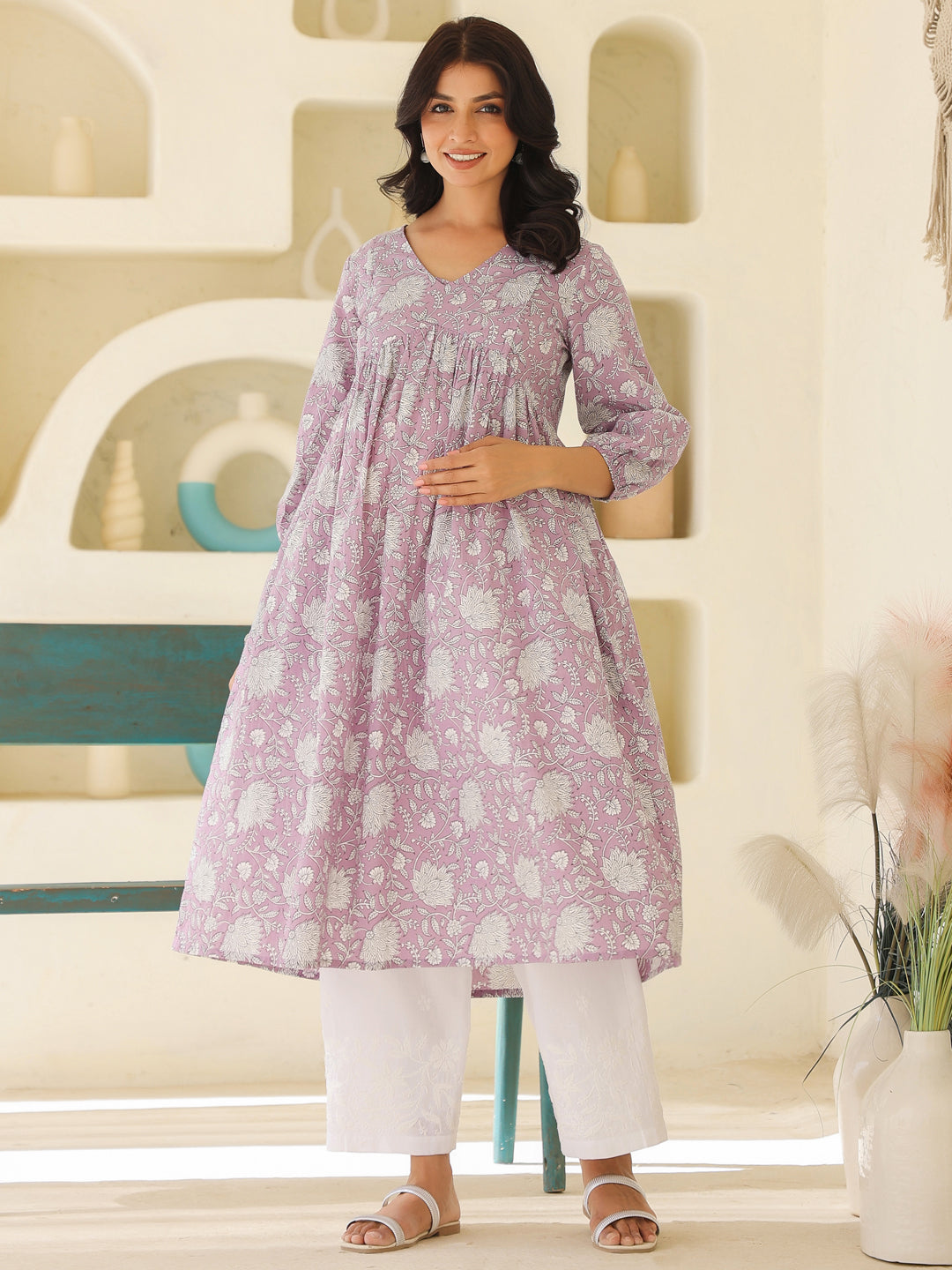 Lavender Pure Cotton Floral Printed A-line Maternity Kurta - qivii