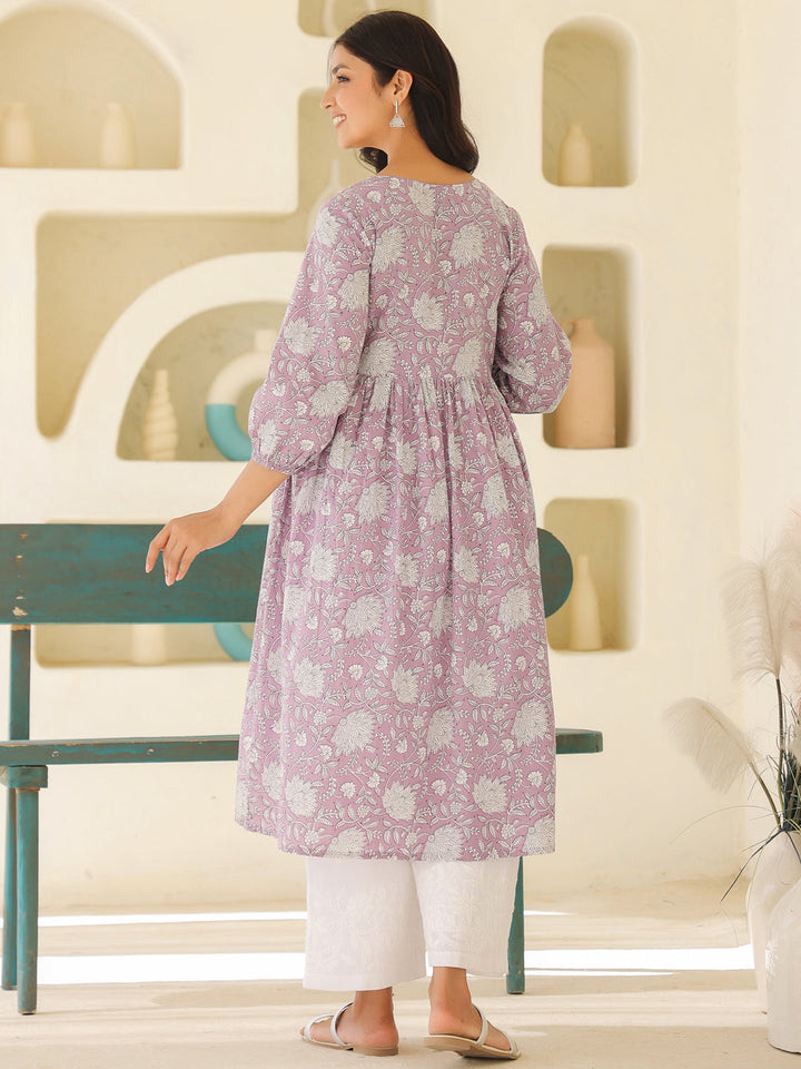 Lavender Pure Cotton Floral Printed A-line Maternity Kurta - qivii