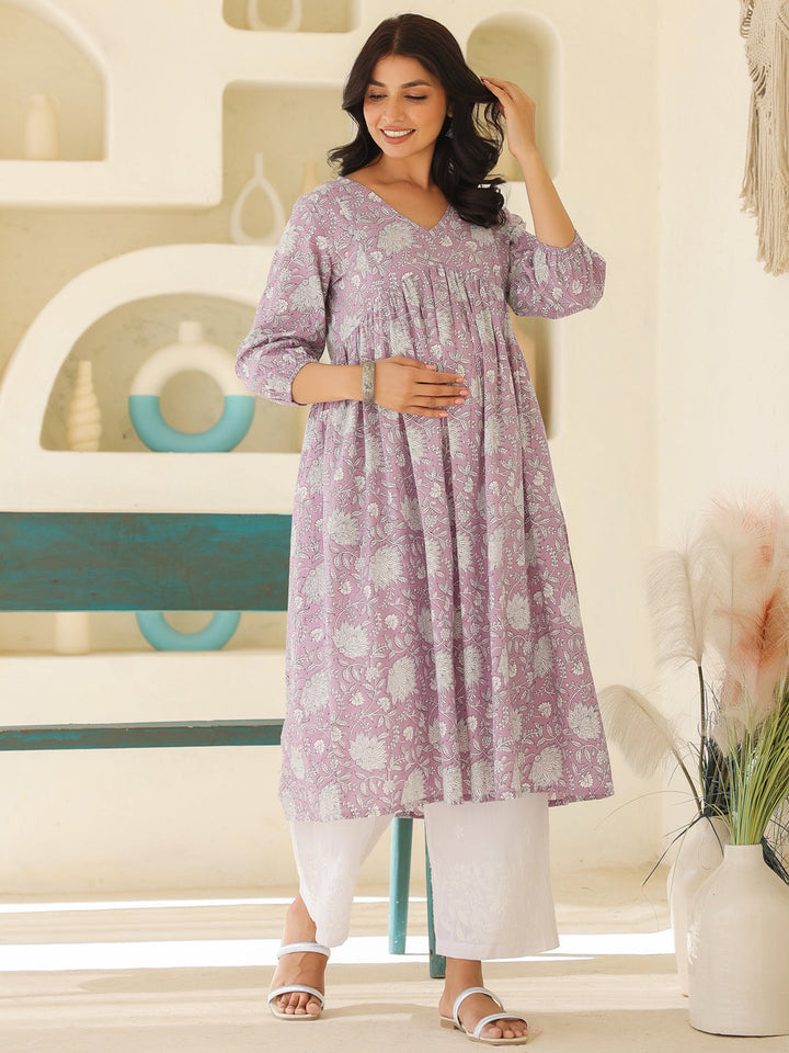 Lavender Pure Cotton Floral Printed A-line Maternity Kurta - qivii