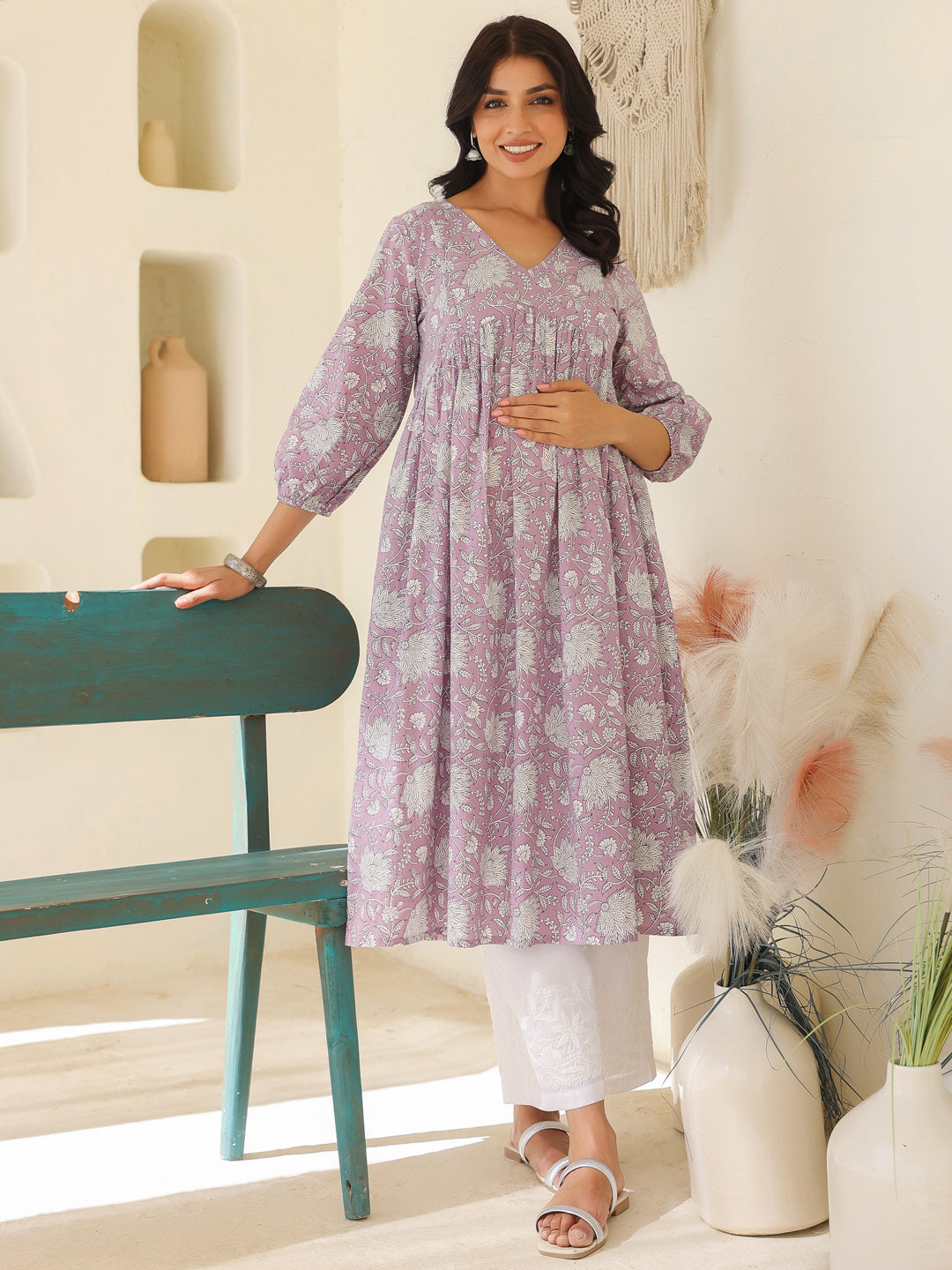 Lavender Pure Cotton Floral Printed A-line Maternity Kurta - qivii