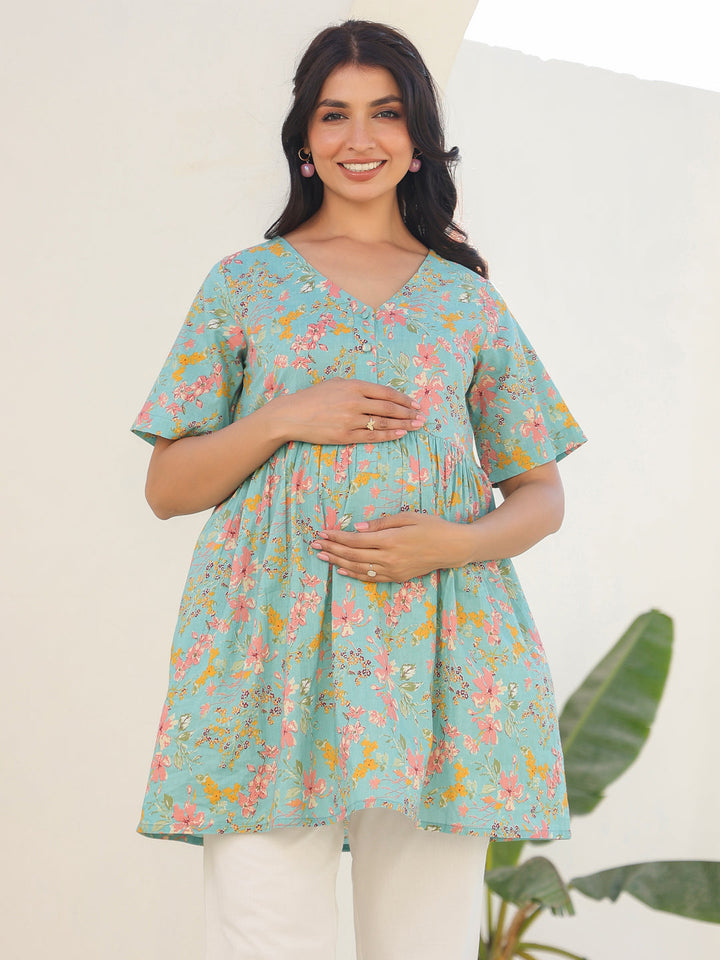 Blue Pure Cotton Floral Printed A-line Maternity Tunic - qivii