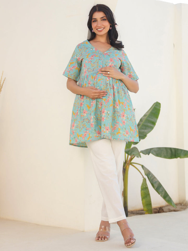 Blue Pure Cotton Floral Printed A-line Maternity Tunic - qivii