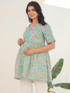 Blue Pure Cotton Floral Printed A-line Maternity Tunic
