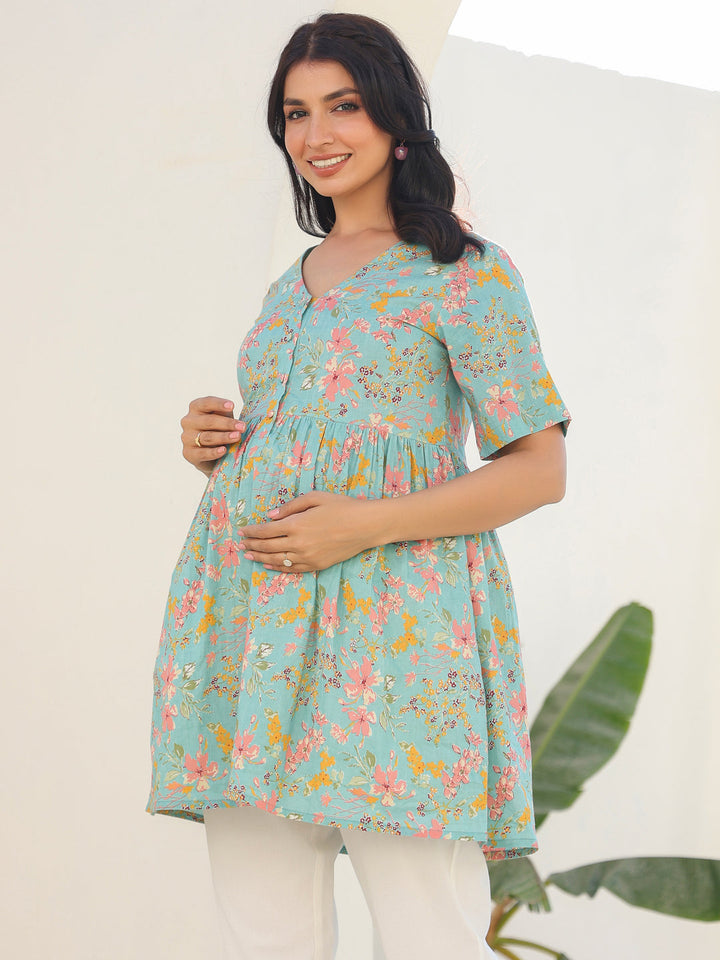 Blue Pure Cotton Floral Printed A-line Maternity Tunic - qivii