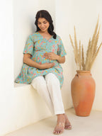 Blue Pure Cotton Floral Printed A-line Maternity Tunic