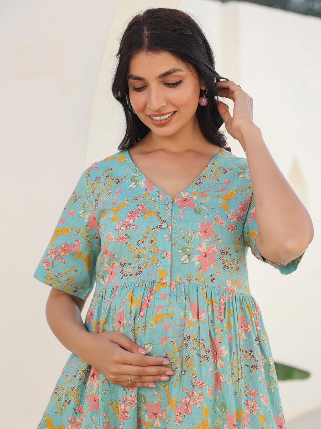 Blue Pure Cotton Floral Printed A-line Maternity Tunic