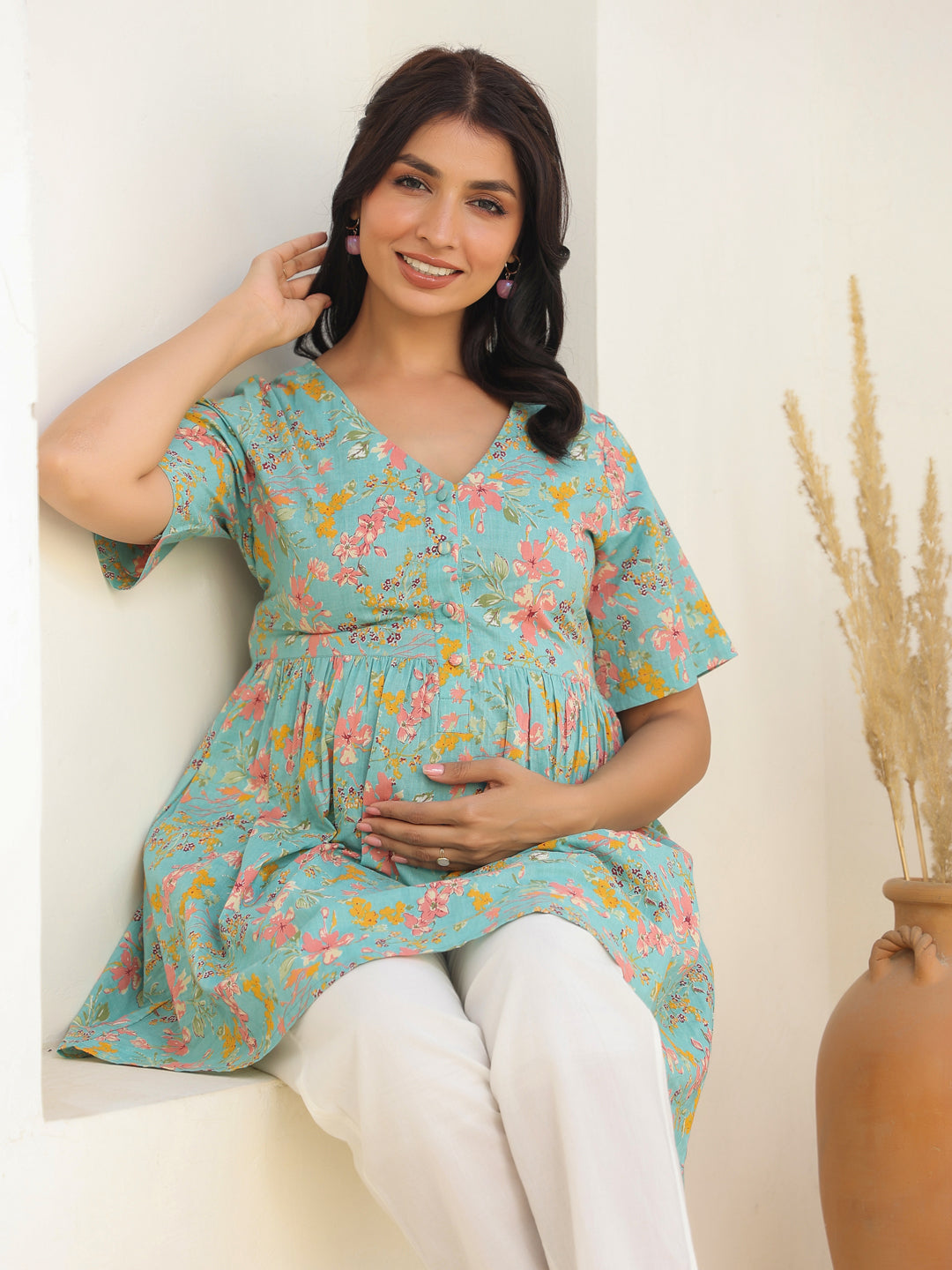 Blue Pure Cotton Floral Printed A-line Maternity Tunic - qivii