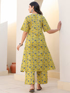 Lime Yellow Pure Cotton Floral Printed A-line Maternity Kurta Pant Set