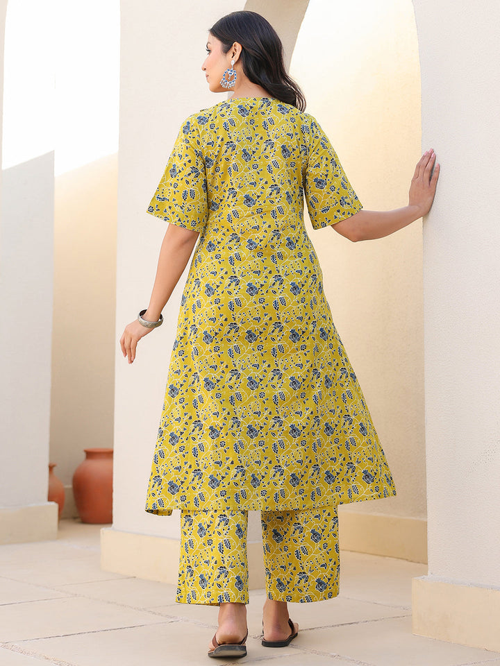Lime Yellow Pure Cotton Floral Printed A-line Maternity Kurta Pant Set - qivii