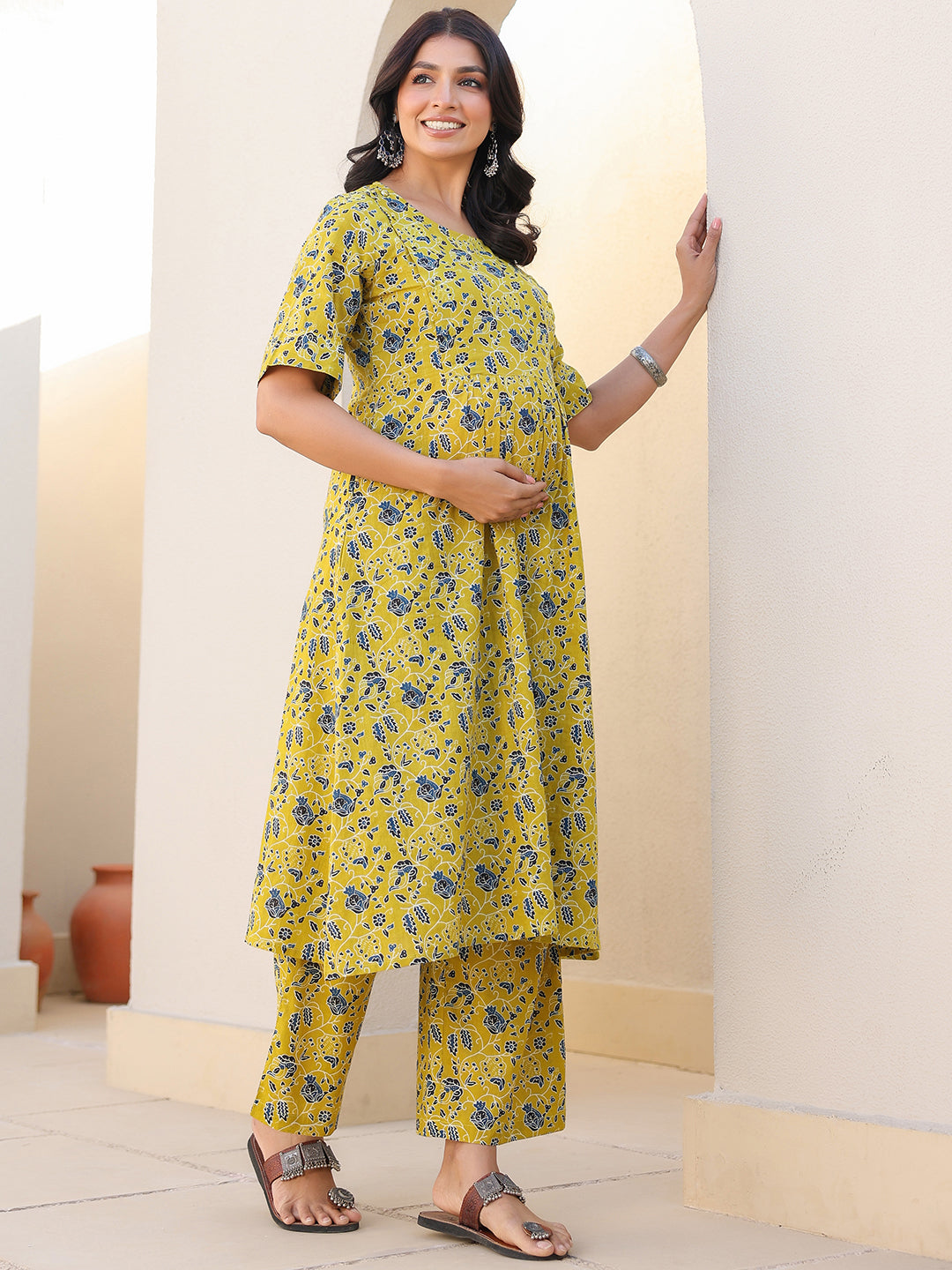Lime Yellow Pure Cotton Floral Printed A-line Maternity Kurta Pant Set - qivii