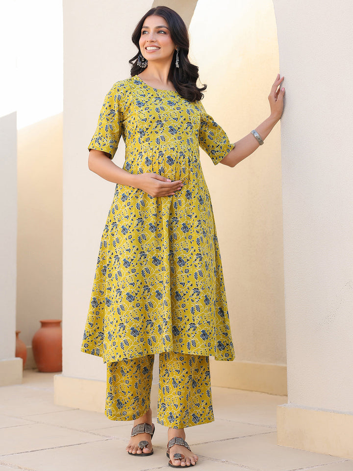 Lime Yellow Pure Cotton Floral Printed A-line Maternity Kurta Pant Set - qivii