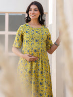 Lime Yellow Pure Cotton Floral Printed A-line Maternity Kurta Pant Set