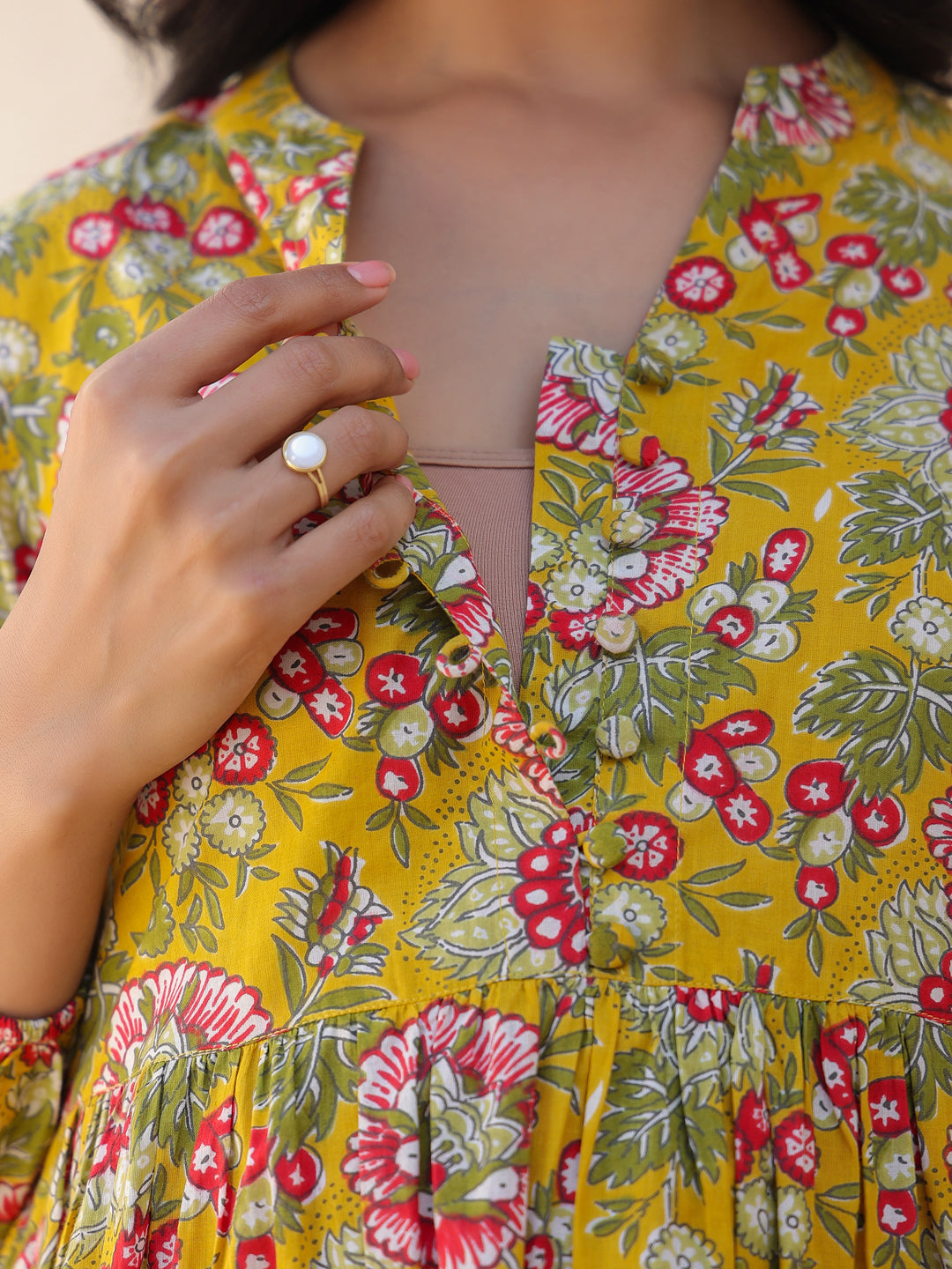 Mustard Pure Cotton Floral Printed A-line Maternity Kurta Pant Set - qivii