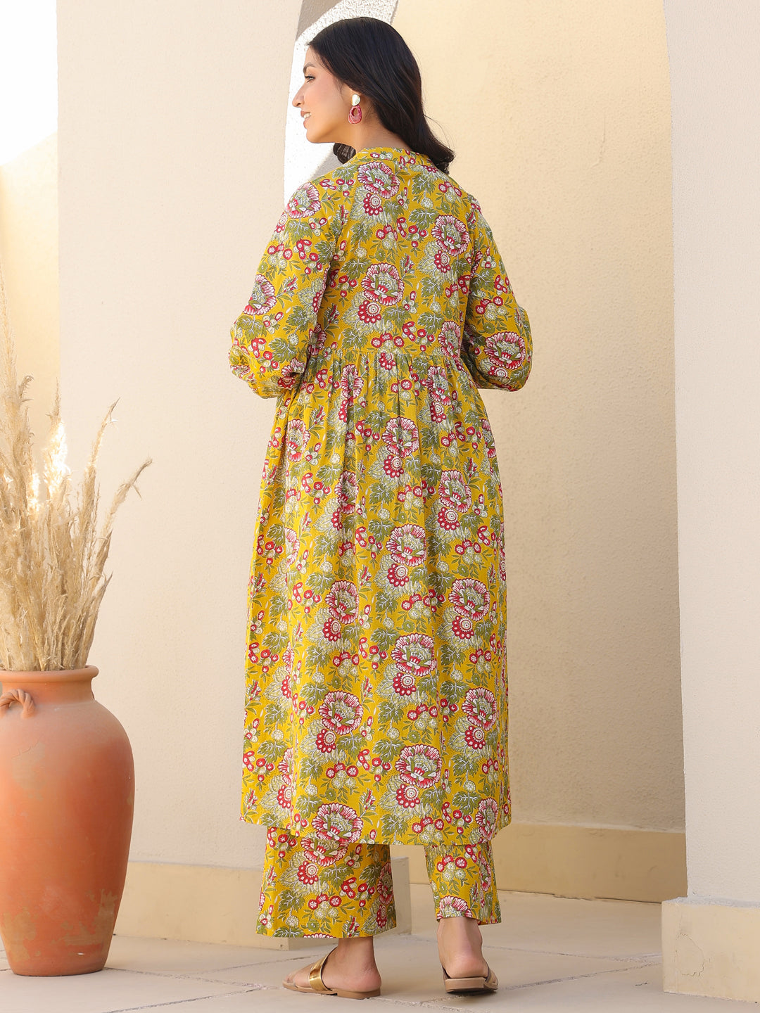 Mustard Pure Cotton Floral Printed A-line Maternity Kurta Pant Set - qivii