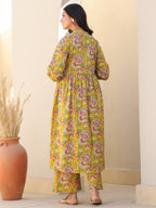 Mustard Pure Cotton Floral Printed A-line Maternity Kurta Pant Set