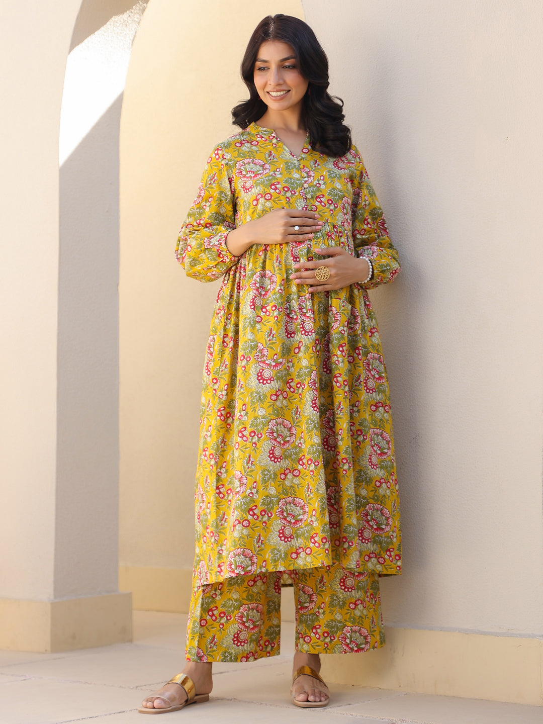 Mustard Pure Cotton Floral Printed A-line Maternity Kurta Pant Set - qivii