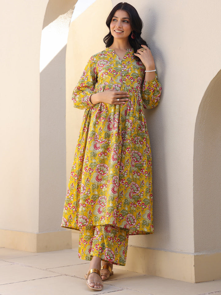 Mustard Pure Cotton Floral Printed A-line Maternity Kurta Pant Set - qivii