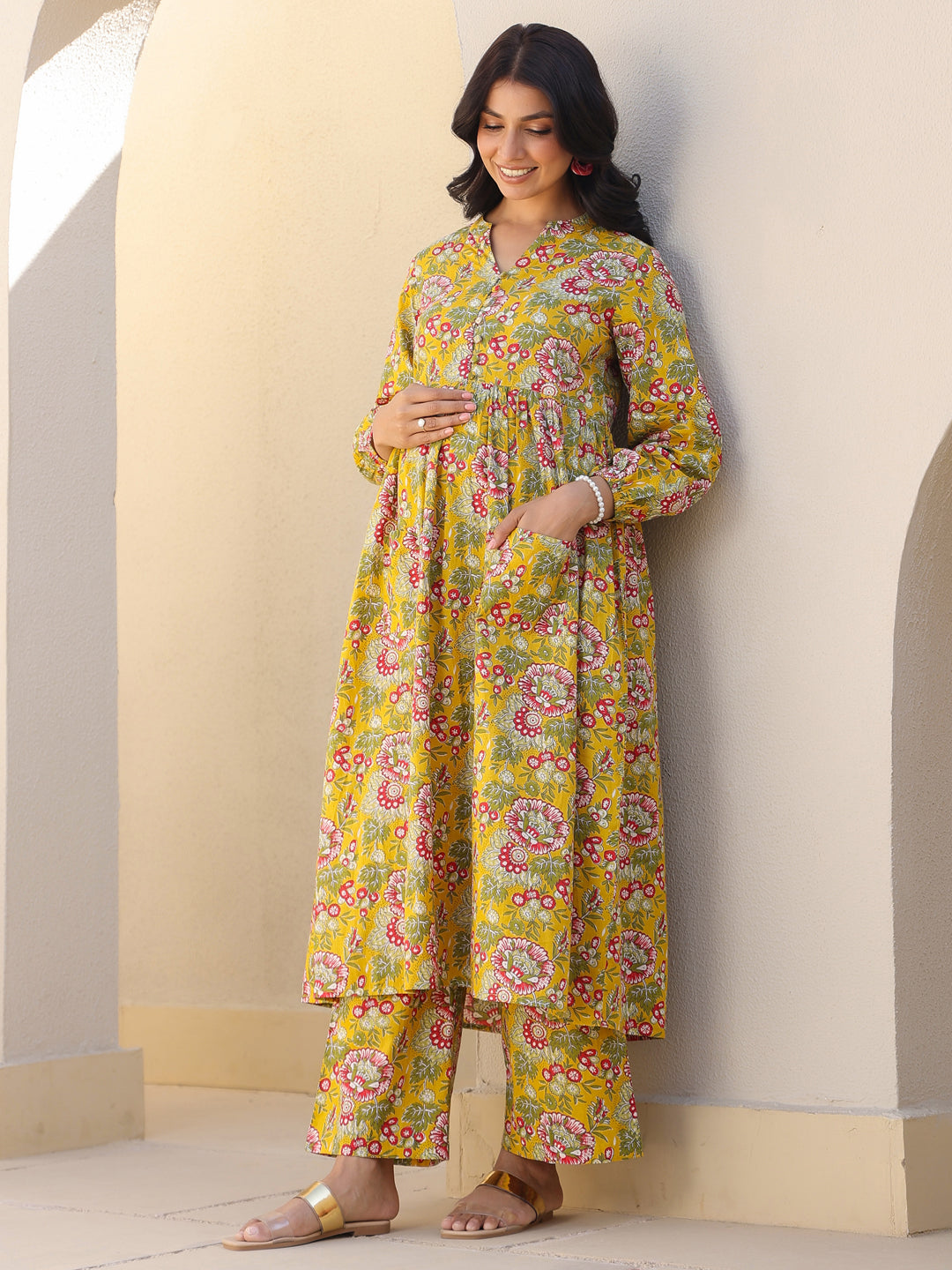 Mustard Pure Cotton Floral Printed A-line Maternity Kurta Pant Set - qivii