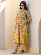 Mustard Pure Cotton Floral Printed A-line Maternity Kurta Pant Set