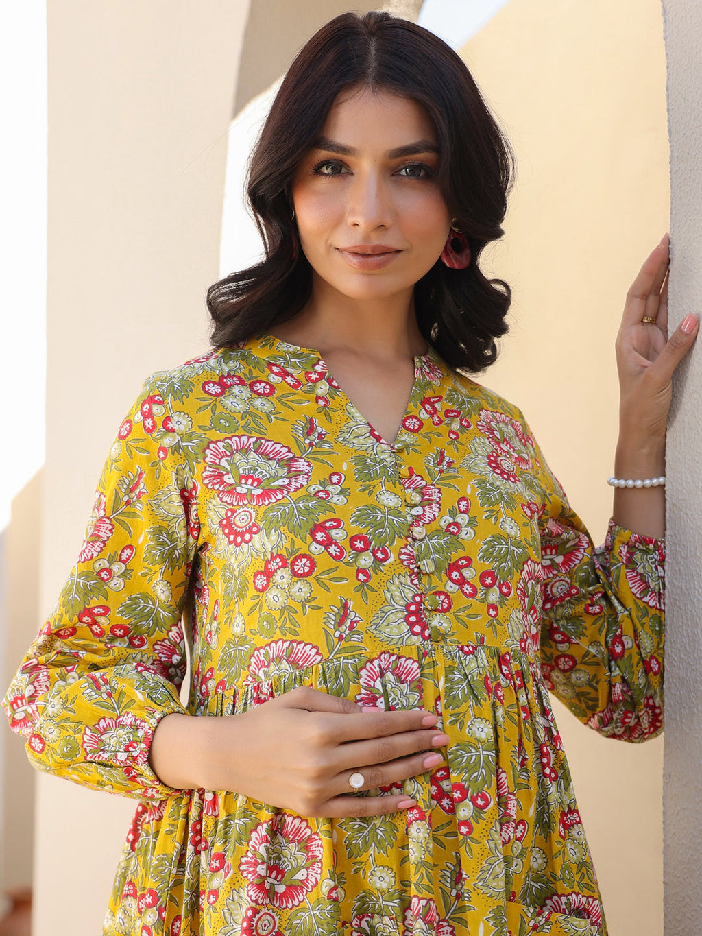 Mustard Pure Cotton Floral Printed A-line Maternity Kurta Pant Set