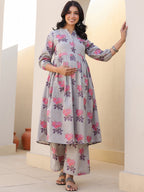 Grey Pure Cotton Foil Printed Flared Maternity Kurta Set