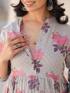 Grey Pure Cotton Foil Printed Flared Maternity Kurta Set