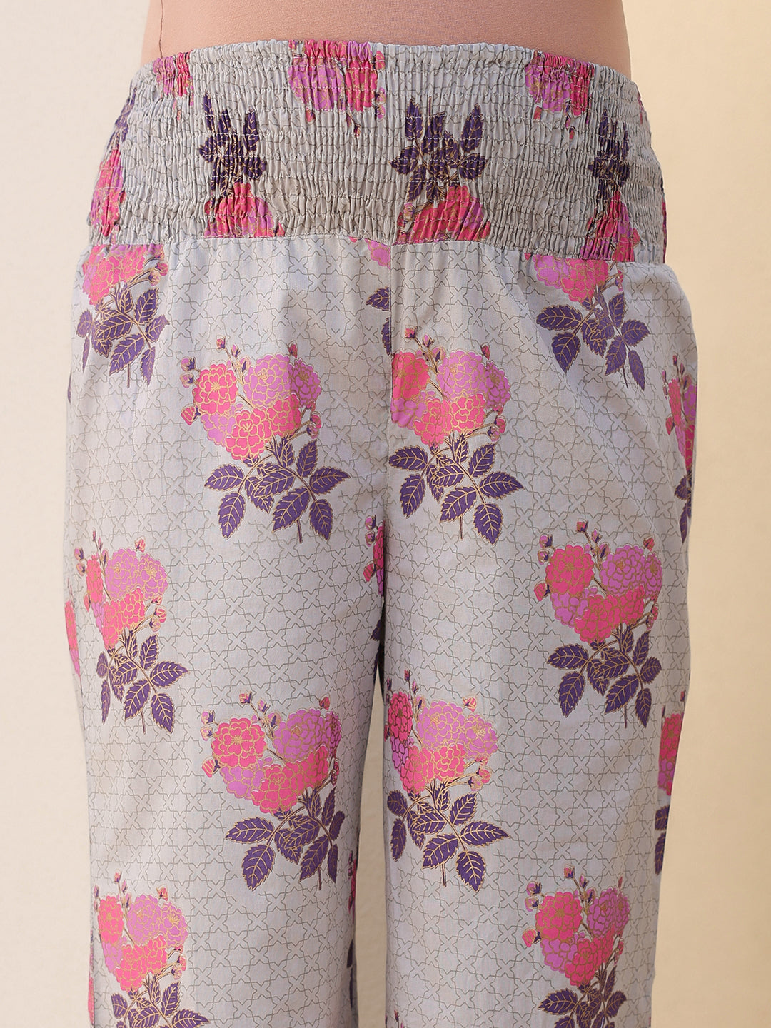 Grey Pure Cotton Foil Printed Flared Maternity Kurta Set