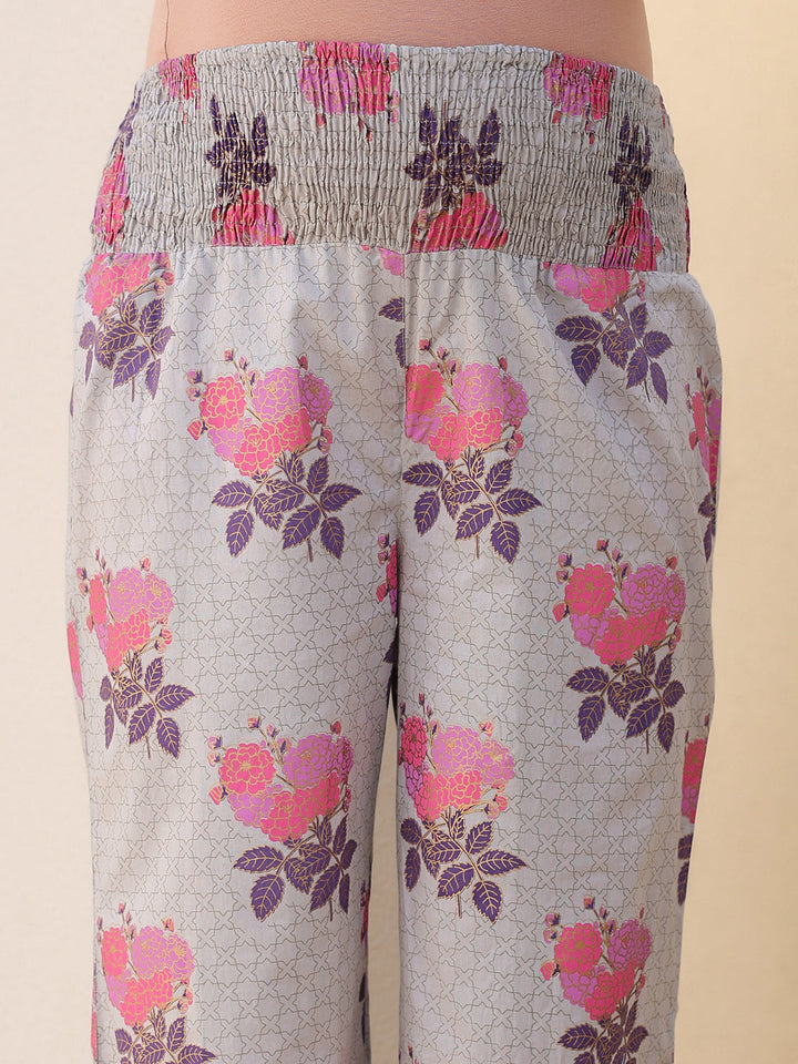 Grey Pure Cotton Foil Printed Flared Maternity Kurta Set - qivii