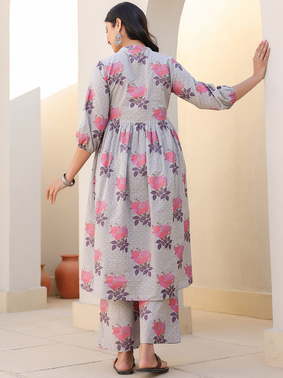 Grey Pure Cotton Foil Printed Flared Maternity Kurta Set